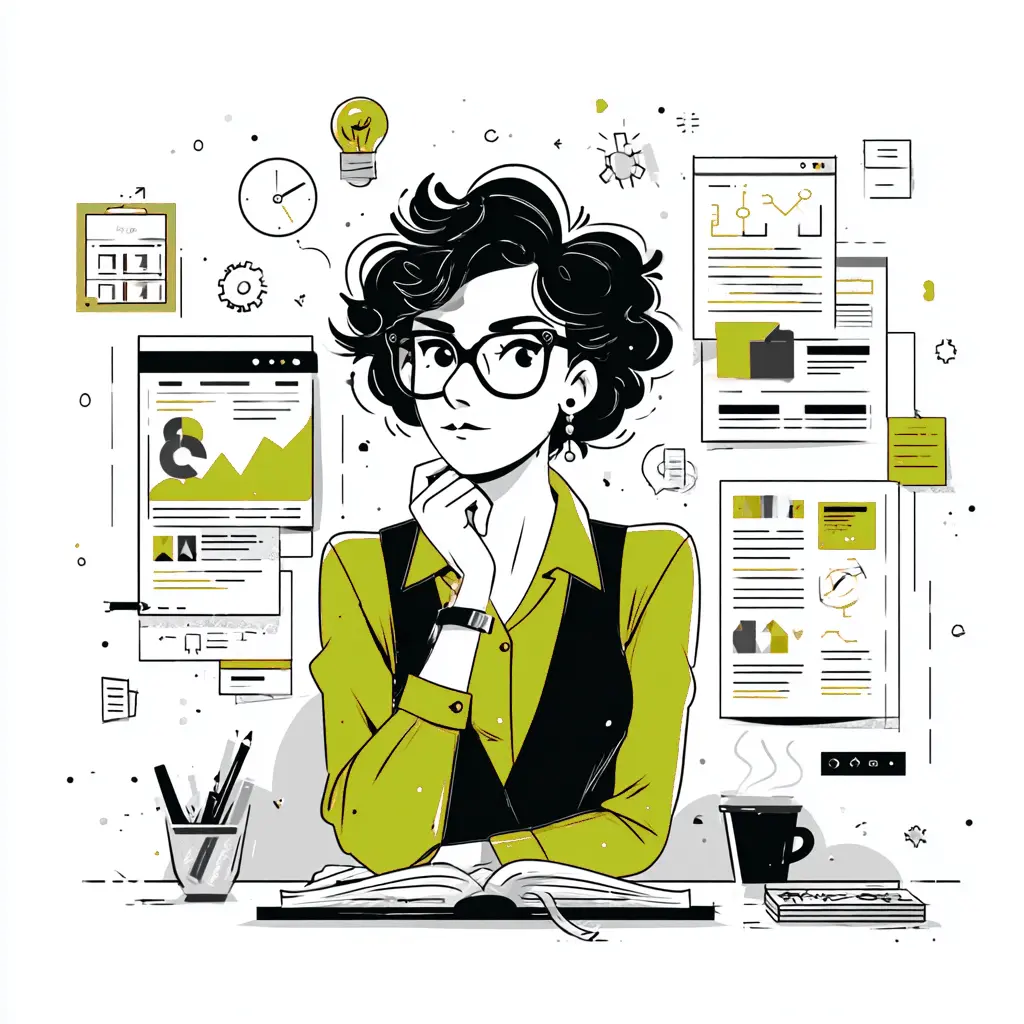 a thoughtful professional analyzing digital products and notes, surrounded by floating icons