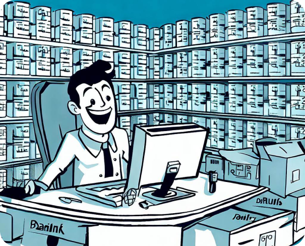 Happy businessman surrounded by products